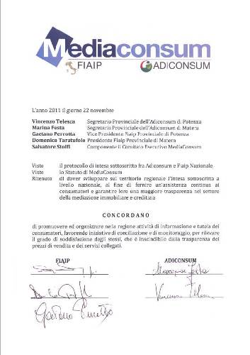 22 Novembre 2011- Fiaip Basilicata ed Adiconsum firmano un protocollo d'intesa