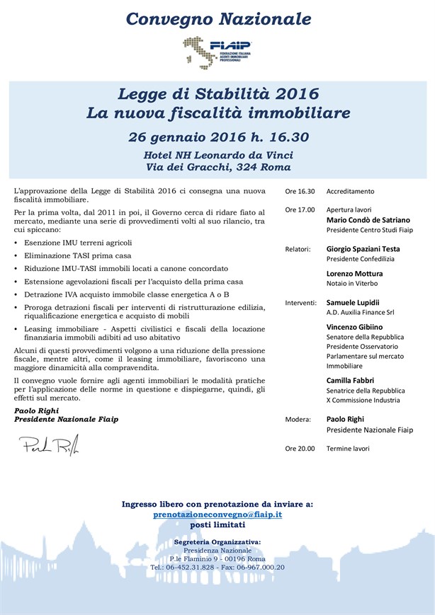 Convegno Nazionale FIAIP – Legge di Stabilità 2016 – La nuova fiscalità immobiliare