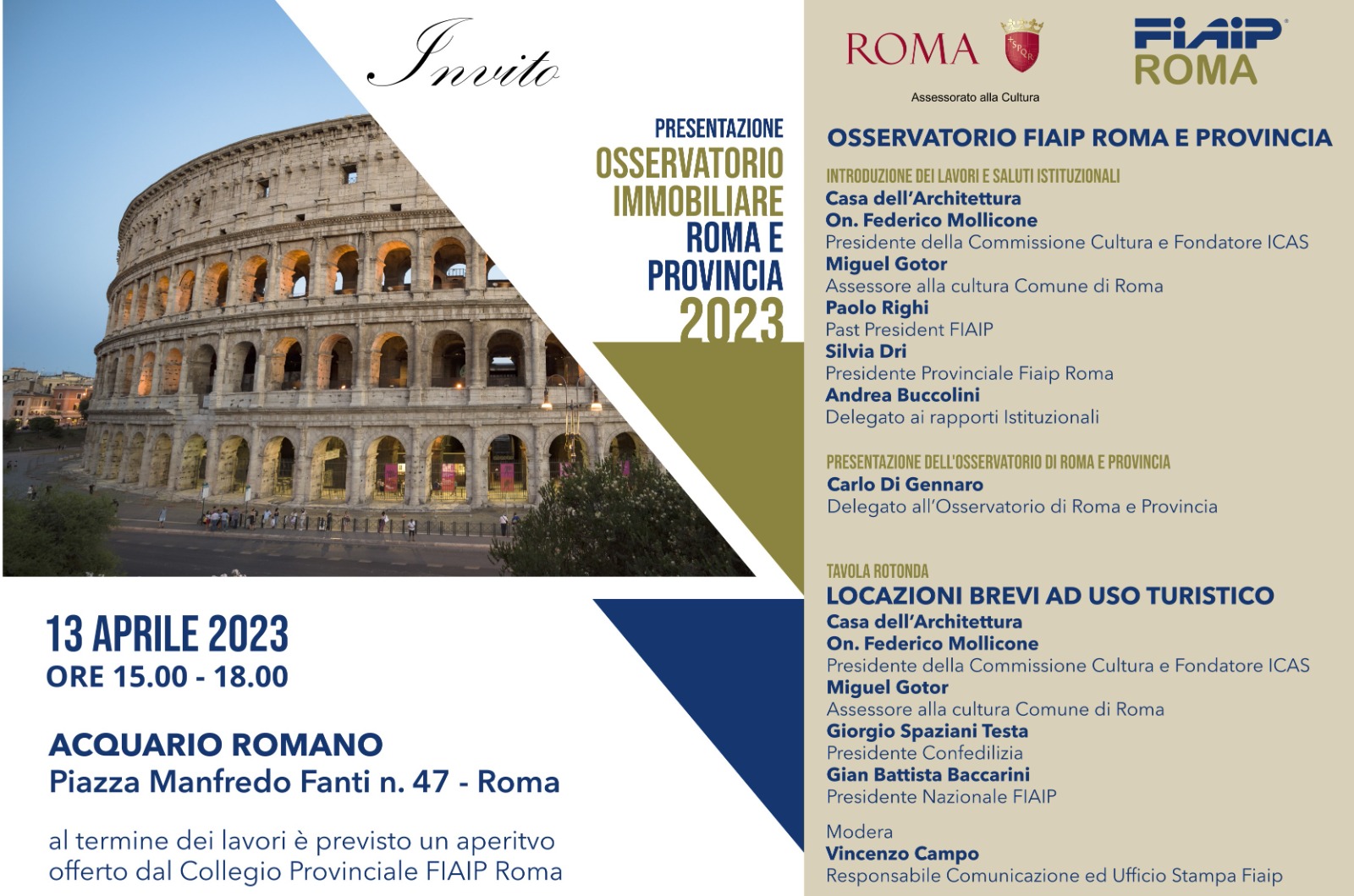 A Roma Giovedi 13 aprile Fiaip presenta l’Osservatorio immobiliare di Roma e Provincia