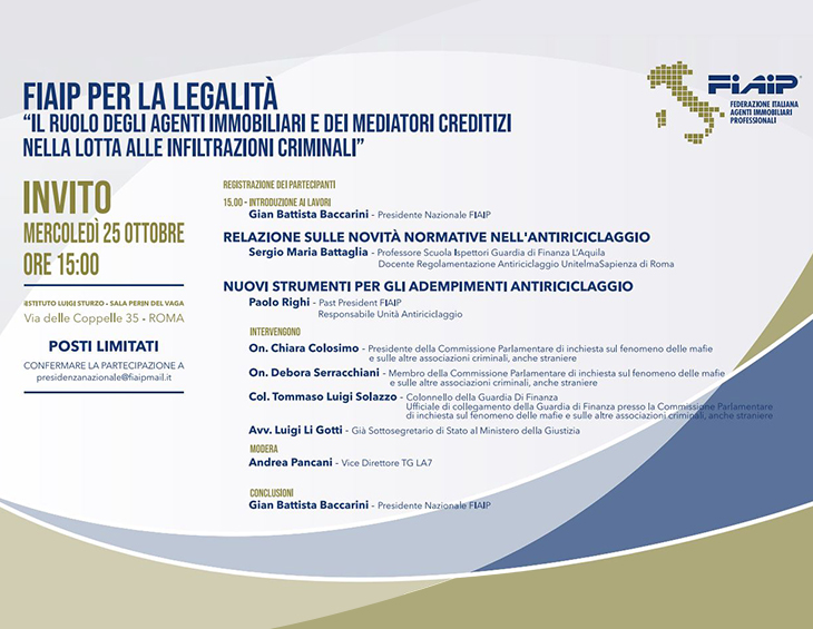 Convegno Fiaip per la legalità: Il Ruolo degli Agenti immobiliari e dei mediatori nella lotta alla infiltrazioni criminali – Roma, 25 Ottobre 2023