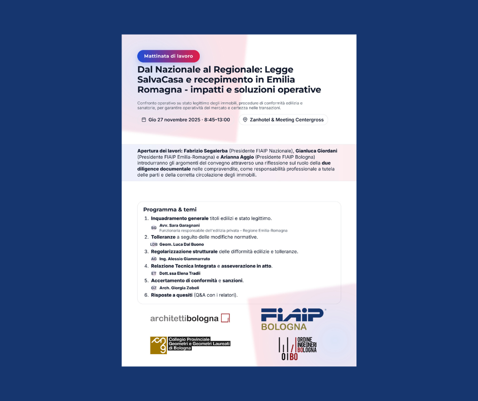 A Bologna corso di aggiornamento: Dal Nazionale al Regionale: Legge SalvaCasa e recepimento in Emilia Romagna – impatti e soluzioni